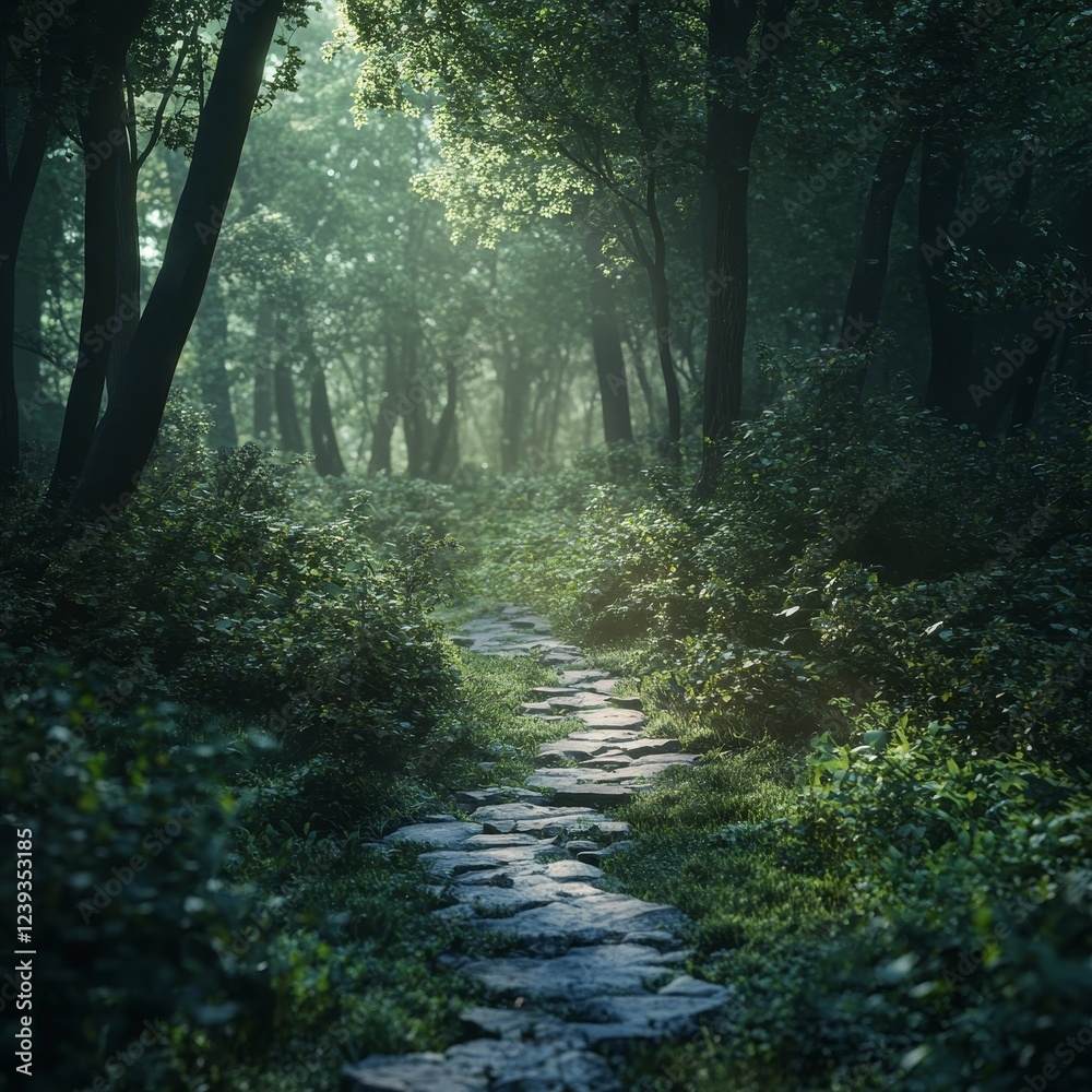 Obraz premium Pathway in the forest with trees and leaves in the morning.