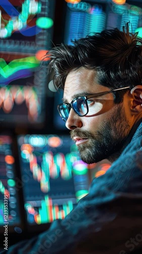 Focused man analyzing financial data on multiple screens.