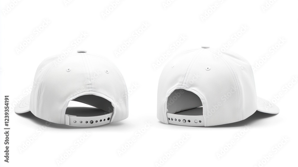 Fototapeta premium Two white baseball caps, rear view, studio shot, mockup for design