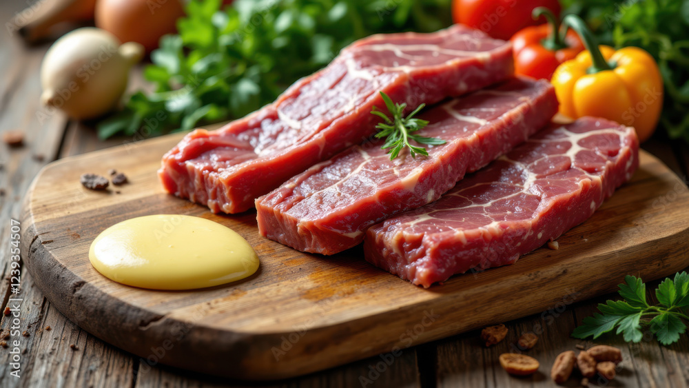 Delicious slices of steak on wooden cutting board with a variety of fresh vegetables, topped with butter.