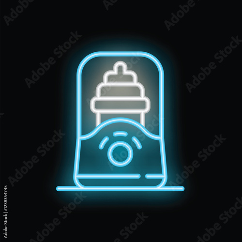 Glowing neon line icon of a baby bottle warmer for mobile apps and websites