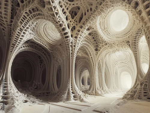 A futuristic dungeon with organic architecture. A city of cartilage, bones, and cobwebs.
An impressive dungeon with organic structures resembling complex interweaving of bones and nervous tissues. photo