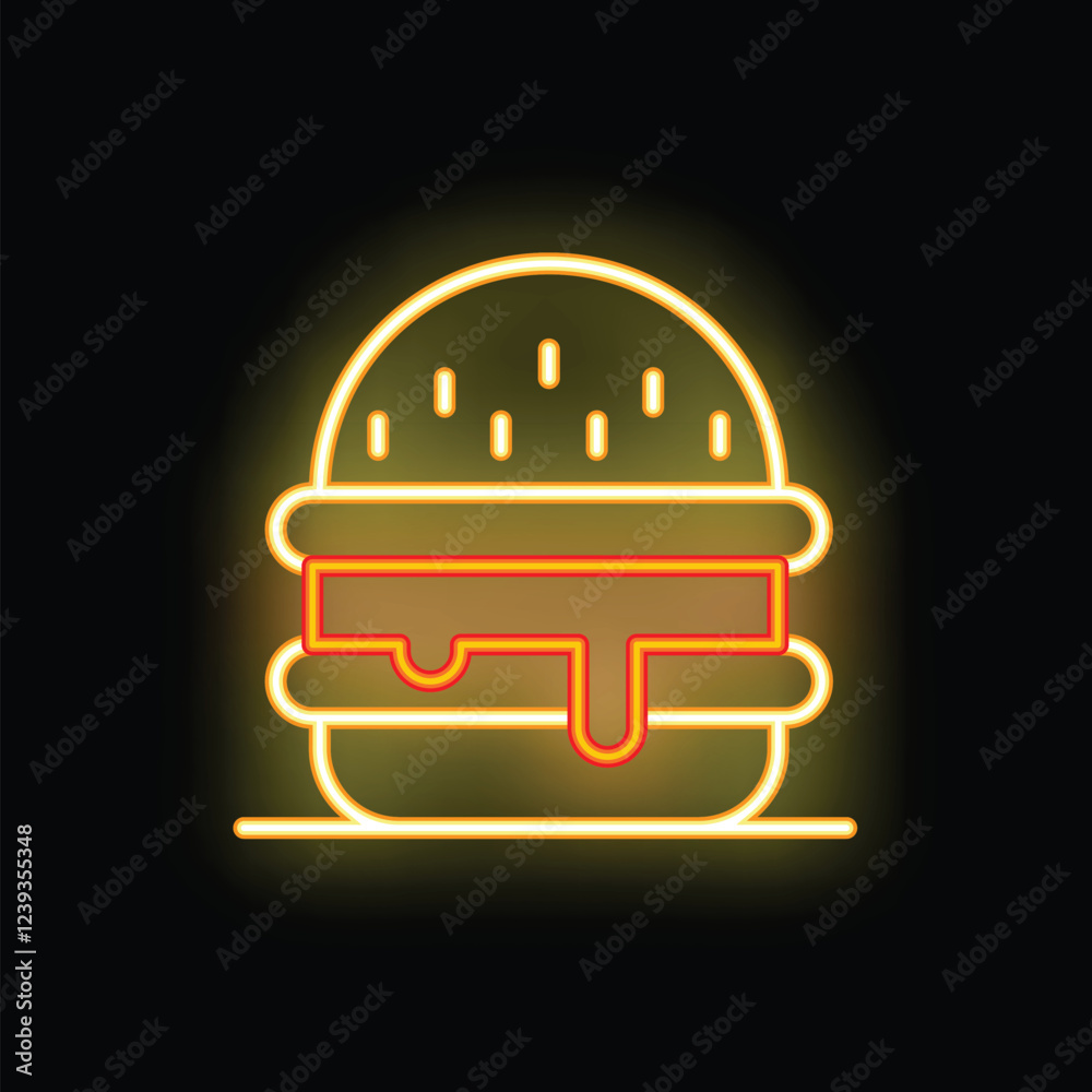 Glowing neon sign depicting a delicious burger with melted cheese and dripping sauce, perfect for attracting hungry customers Glowing neon sign depicting a delicious burger with melted cheese and dripping sauce, perfect for attracting hungry customers