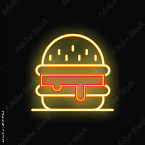 Glowing neon sign depicting a delicious burger with melted cheese and dripping sauce, perfect for attracting hungry customers