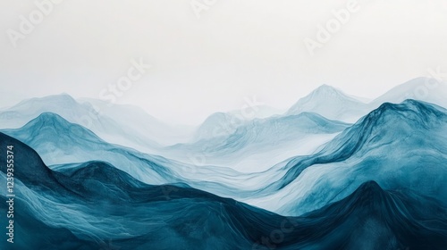 A modern abstract art print featuring ocean waves and mountains in a contemporary minimalist style, inspired by natural landscapes