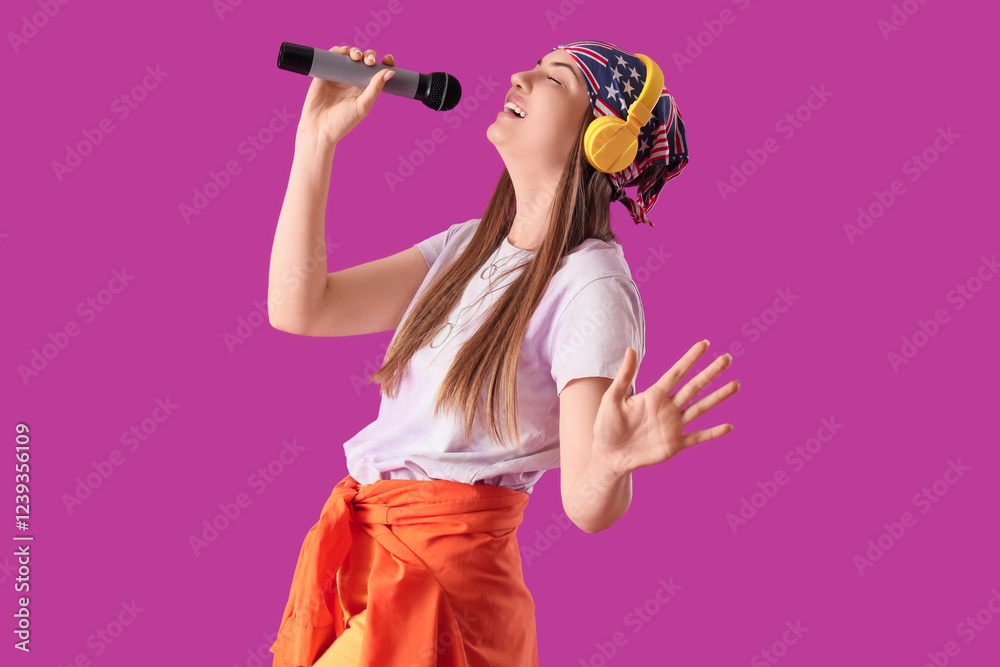 Obraz premium Young woman in headphones with microphone singing karaoke on violet background