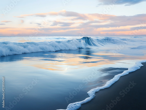 Serene ocean waves gently lap the shore during a tranquil sunset. photo