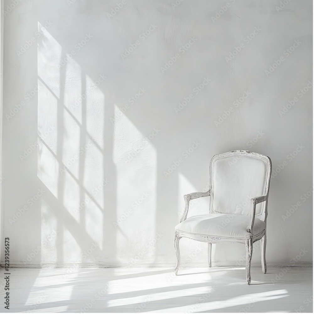White armchair in the room with shadow from the window. 3d render White armchair in the room with shadow from the window. 3d render