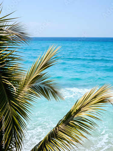 Palm fronds sway in ocean breeze beside clear turquoise water, sea, waves photo