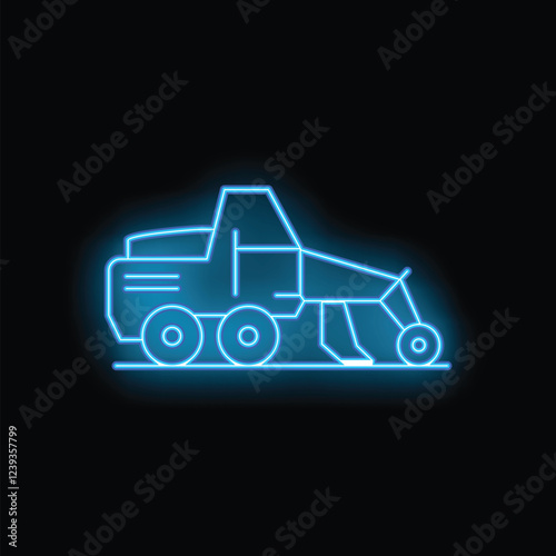 Bright glowing symbol of a combine harvester working on black background