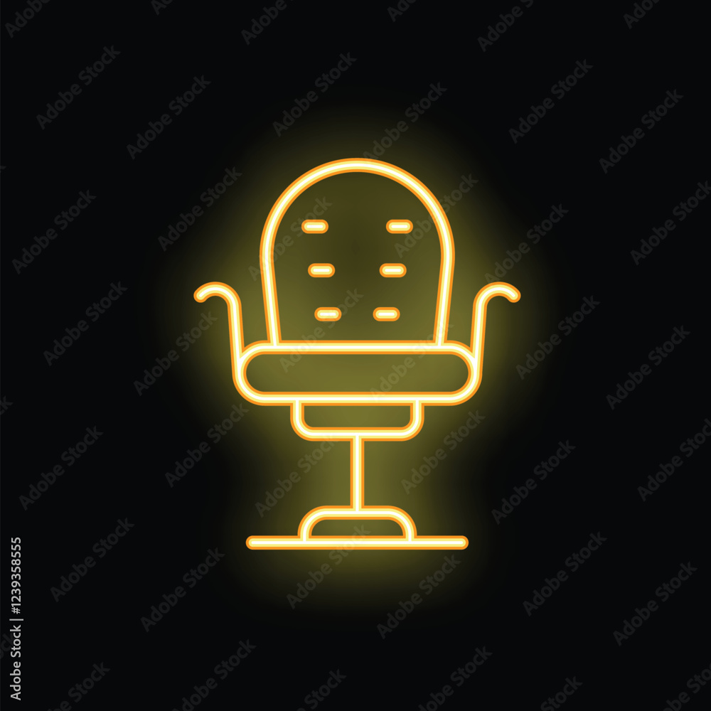 Yellow neon icon of an office chair with armrests, glowing on a black background Yellow neon icon of an office chair with armrests, glowing on a black background