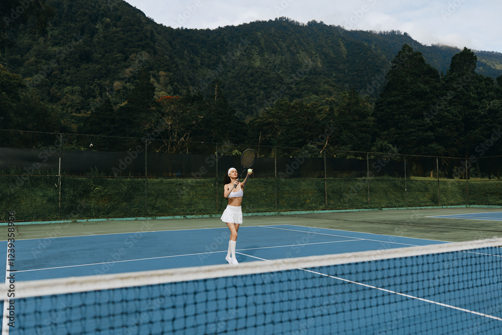 Obraz premium Athletic young female tennis player practicing on a vibrant blue court surrounded by lush green mountains, showcasing determination and focus