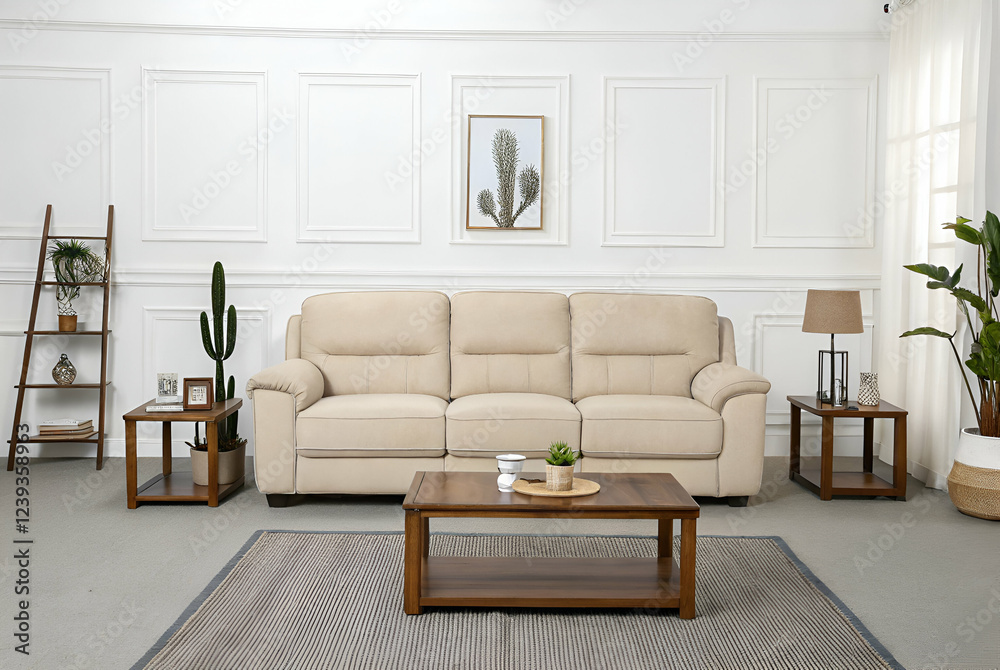 Fototapeta premium Beige Sofa and Wooden Coffee Table in a Modern Living Room
