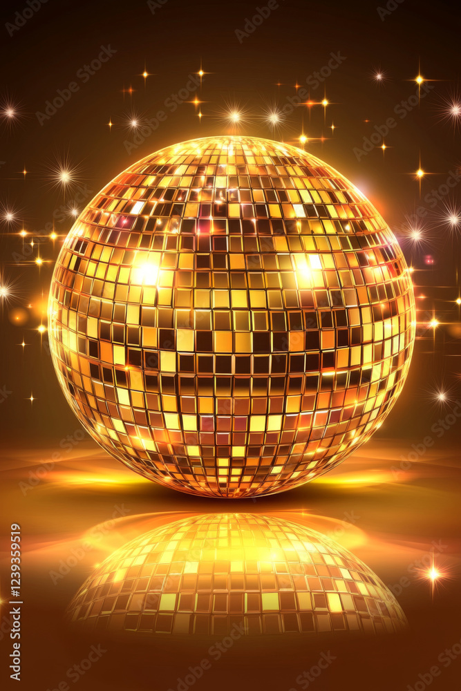 Obraz premium Vibrant golden disco ball reflecting colorful lights in party atmosphere. Concept of retro nightlife, dance parties,and club culture