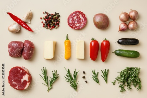 Rustic Spanish tapas ingredients on beige background, food knolling arrangemen photo