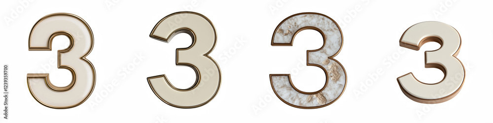 Number 3, made of cream beige with bronze gold metal rim, logotype, Three isolated on a transparent background Number 3, made of cream beige with bronze gold metal rim, logotype, Three isolated on a transparent background