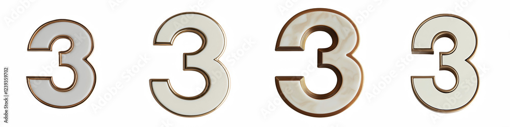 Number 3, made of cream beige with bronze gold metal rim, logotype, Three isolated on a transparent background Number 3, made of cream beige with bronze gold metal rim, logotype, Three isolated on a transparent background