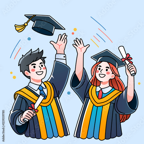 Happy college or university graduates throwing graduation caps to the sky and rejoicing. boy and girl in graduation gowns. vector illustration isolated