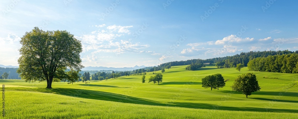 Obraz premium A serene landscape featuring lush green fields, scattered trees, and a bright blue sky, evoking tranquility and natural beauty.