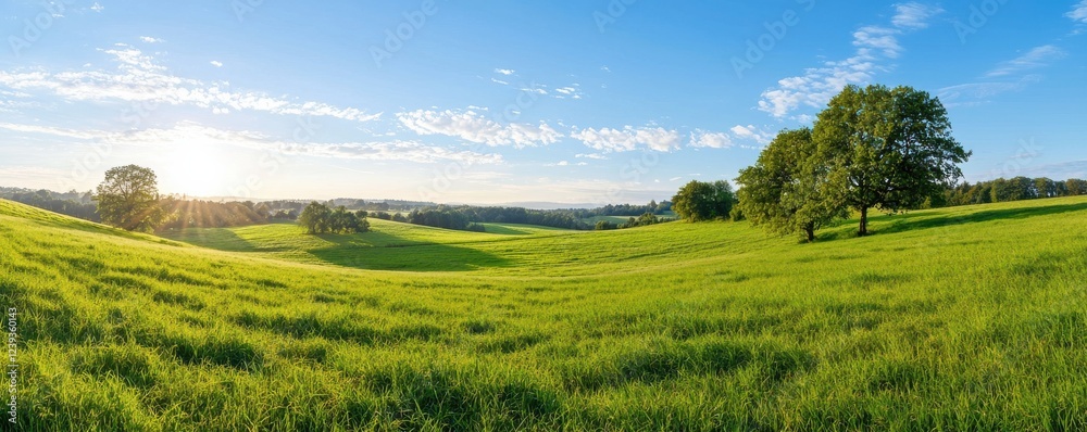 Obraz premium A serene landscape featuring lush green fields under a bright blue sky with scattered clouds and a shining sun.