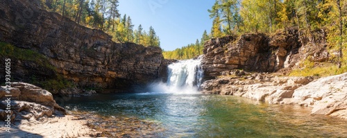 A serene waterfall cascades into a tranquil pool, surrounded by lush greenery and rocky cliffs, under a clear blue sky.