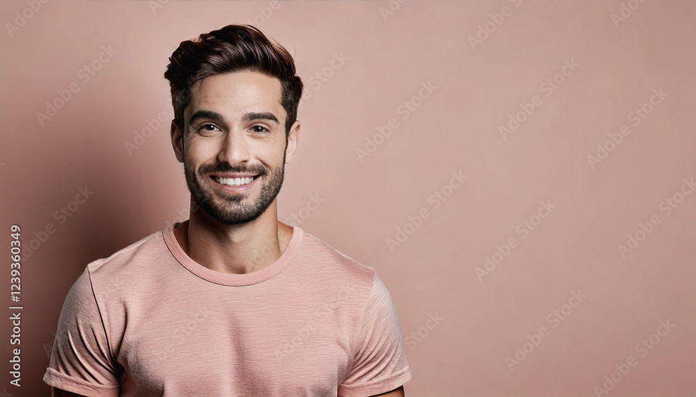 Obraz premium Handsome Smiling Man in Studio Portrait with Charming Look, Pastel Background, copyspace 