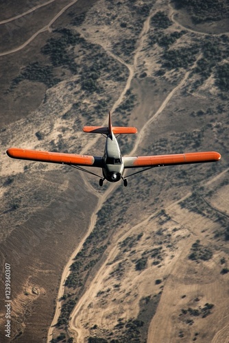 A plane soars overhead, cutting through the clear sky as it navigates over the uneven and textured terrain. Dusty pathways and natural formations are visible beneath the aircraft photo