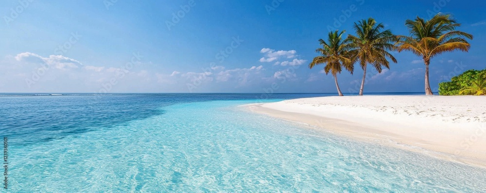Fototapeta premium A serene tropical beach with clear turquoise waters, soft white sand, and palm trees under a bright blue sky.