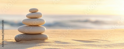 A serene stack of smooth stones on a sandy beach with gentle waves in the background, evoking calmness and balance.