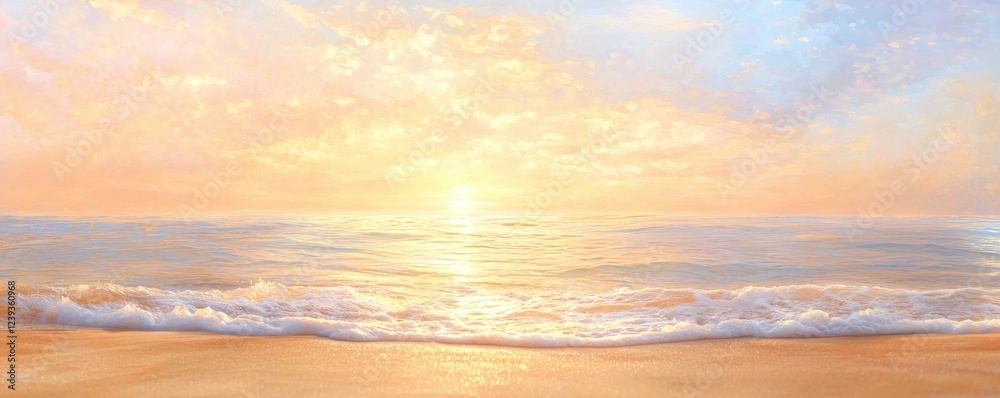 Fototapeta premium A serene coastal scene at sunset, showcasing vibrant colors in the sky reflecting on gentle ocean waves.