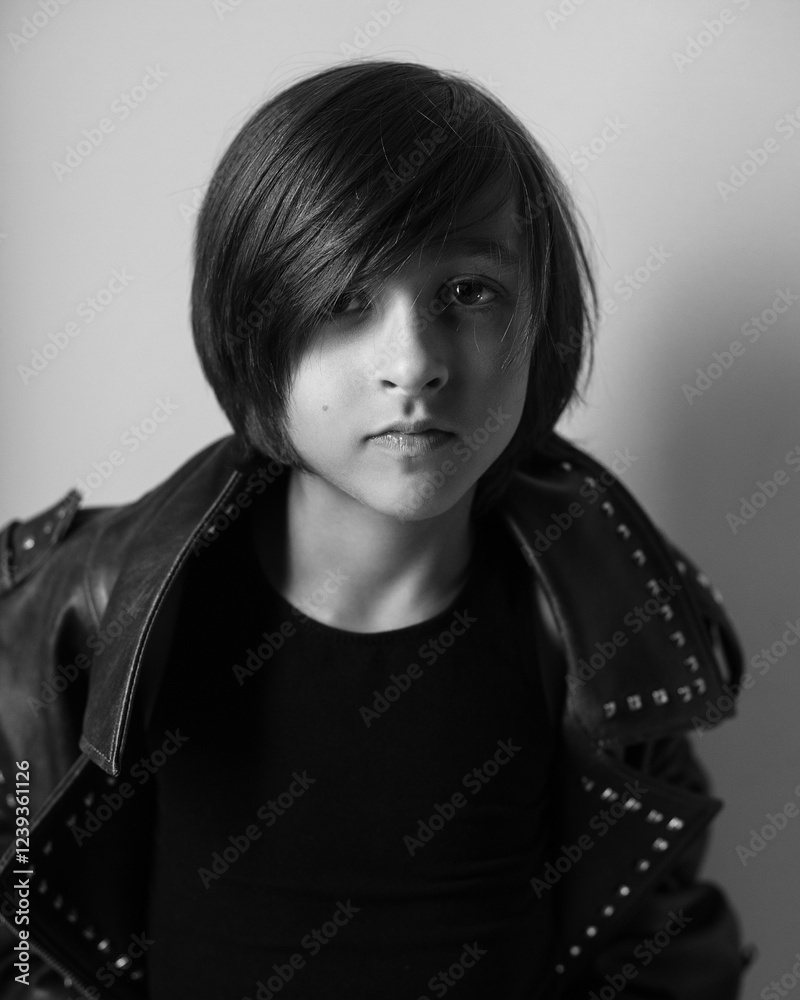 Portrait of an emotional 7-year-old boy in a large leather jacket posing in a studio. black and white photo.