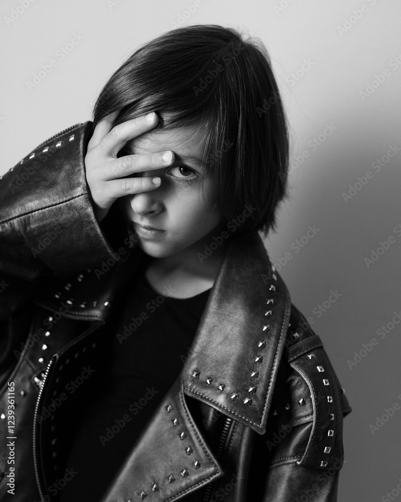 Portrait of an emotional 7-year-old boy in a large leather jacket posing in a studio. black and white photo.