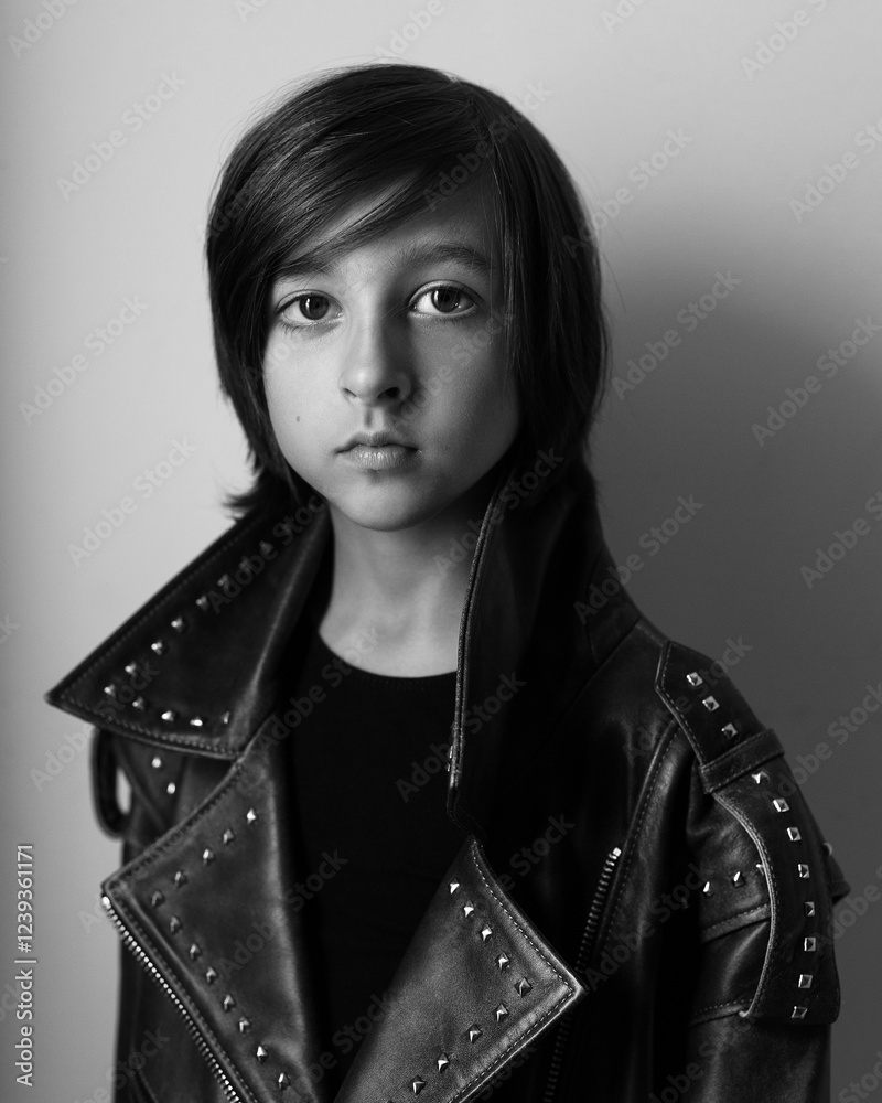 Portrait of an emotional 7-year-old boy in a large leather jacket posing in a studio. black and white photo.