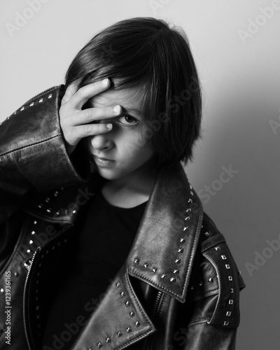 Obraz na płótnie Portrait of an emotional 7-year-old boy in a large leather jacket posing in a studio. black and white photo. w salonie