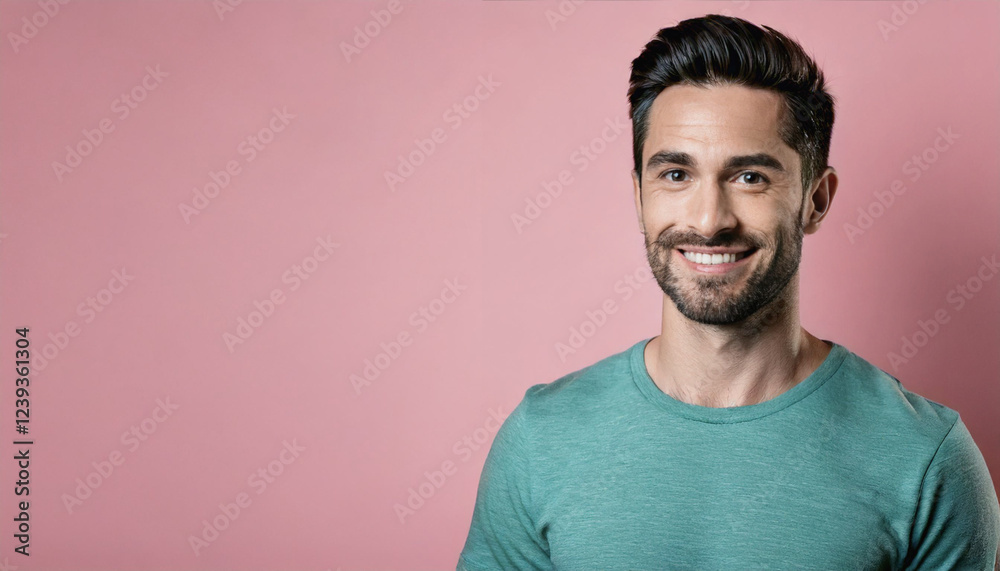 Fototapeta premium Handsome Smiling Man in Studio Portrait with Charming Look, Pastel Background, copyspace