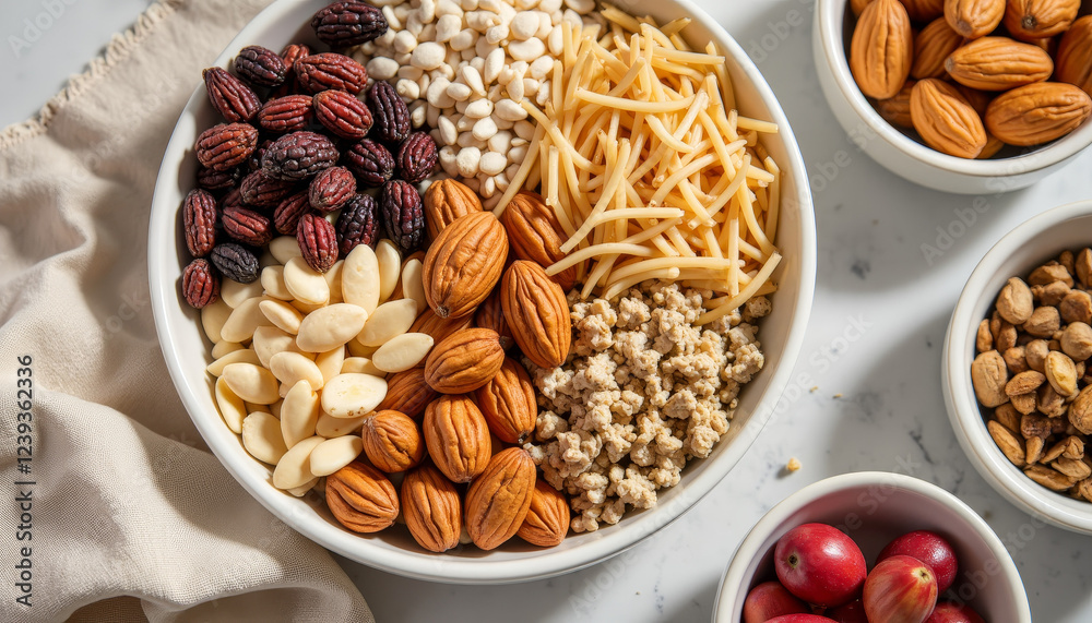 Assorted nuts and dried fruits in elegant dining setting, healthy lifestyle Assorted nuts and dried fruits in elegant dining setting, healthy lifestyle