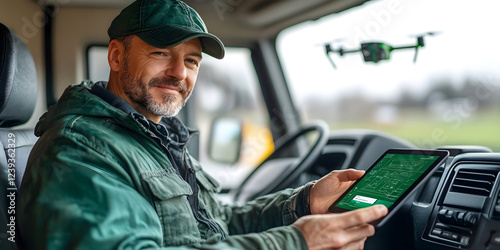 Smiling farmer sitting in a vehicle using a tablet to control a drone for agricultural monitoring and precision farming photo