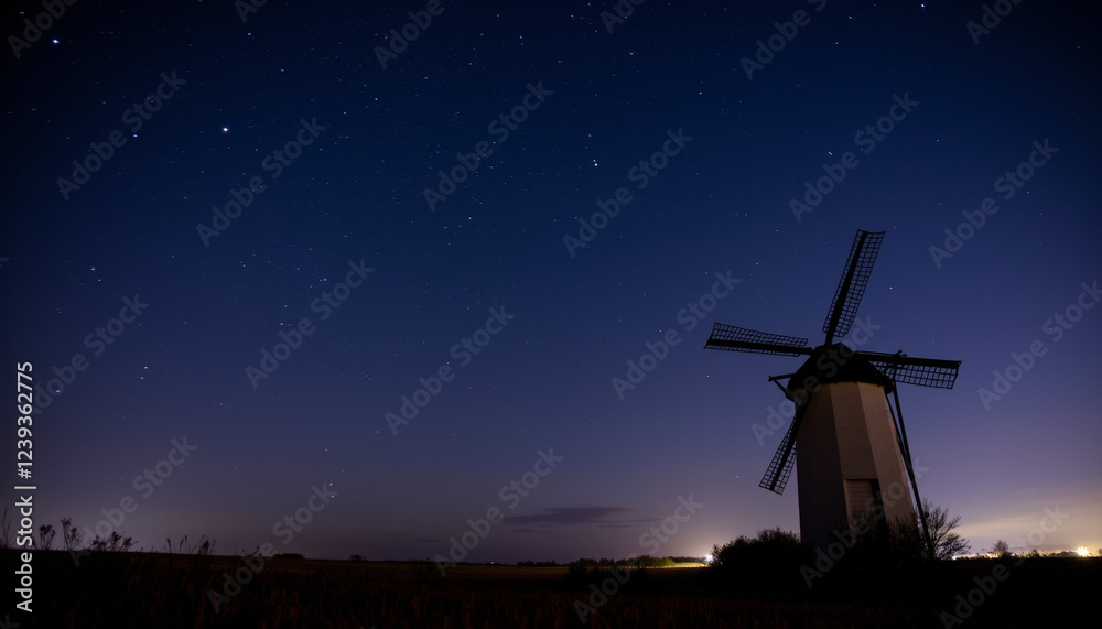 Obraz premium Silhouetted windmill under a starlit sky in flatland, serene beauty