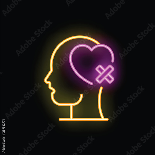 Neon icon of a human head silhouette with a bright pink broken heart with adhesive bandage inside, representing heartbreak and emotional pain