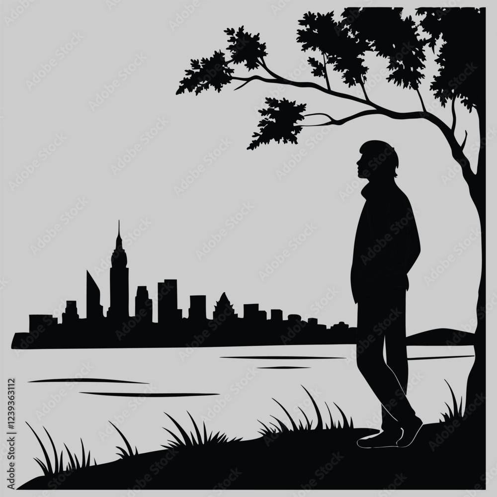 a person looking at a city skyline silhouette vector design art and illustration a person looking at a city skyline silhouette vector design art and illustration