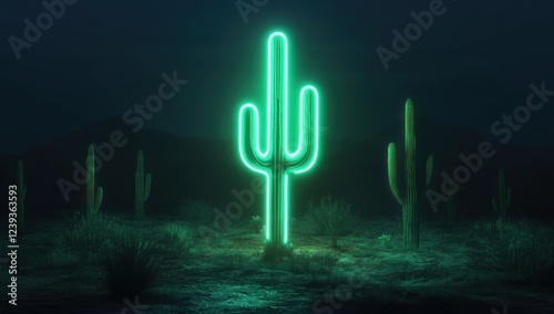 Neon Cactus in the Desert Night: A Surreal Western Landscape