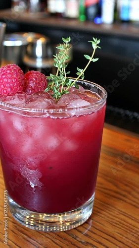 Wallpaper Mural Colorful raspberry cocktail garnished with herbs served on a wooden bar Torontodigital.ca