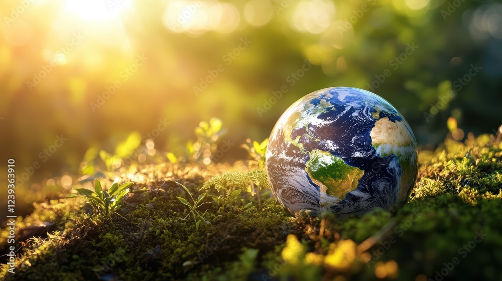 Earth globe resting on mossy ground in sunlit forest environment Earth globe resting on mossy ground in sunlit forest environment