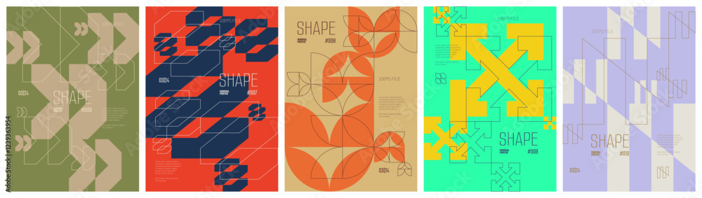 Minimal artwork colorful trendy poster, abstract geometric composition graphic in Y2K aesthetics, vector silhouette simple shapes print art modernism and brutal style A4 format set 2