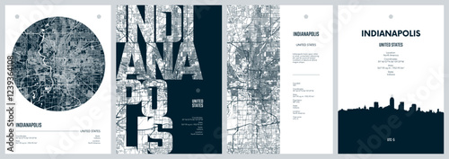 Set of travel posters with Indianapolis, detailed urban street plan city map, Silhouette city skyline, vector artwork