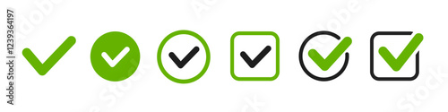 Check mark icons set. Vector illustrations. Tick symbols collection. Checkmark icons and checkbox signs.