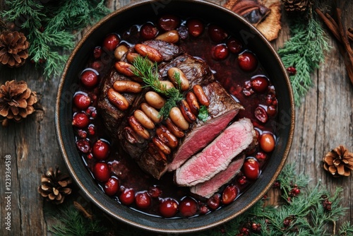 Traditionally roasted fillet of saddle of venison with chestnuts, bacon-wrapped bean sticks and redcurrants served with lingonberry photo