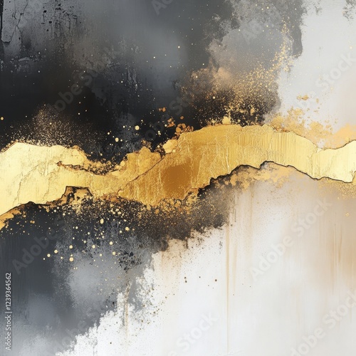 Grunge background with gold and black paint splashes. Design element