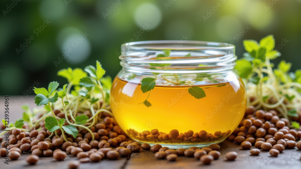 A jar of beef tallow on a bed of herbs and sesame seeds. A jar of beef tallow on a bed of herbs and sesame seeds.