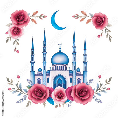  A Beautiful mosque illustration surrounded by roses and floral elements.
